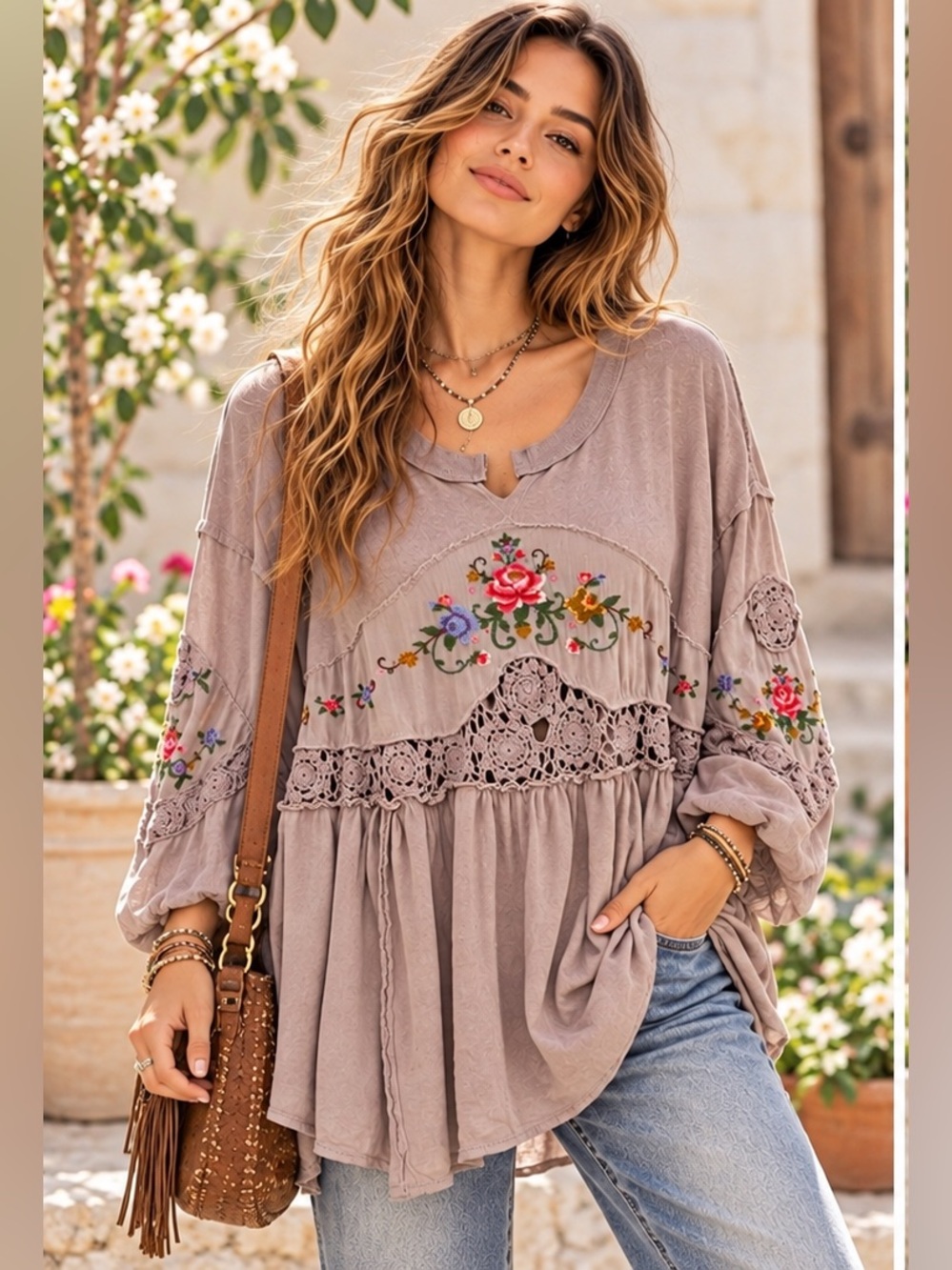 Free People Embroidered Dusty Lavender Crochet Boho Cottagecore 70’s Top Small P